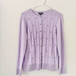Amore Rose Lavender Pointelle Pintuck Cardigan Sweater Large Heart Buttons